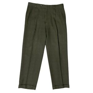 Berle Mens Olive Green Glen Plaid Pleated Cuffed Dress Pants Made in USA